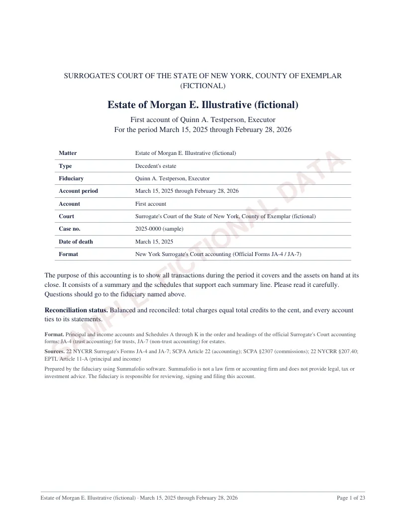 Cover page of the New York estate accounting sample